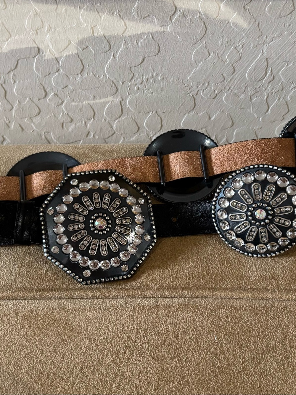 Tony Lama Leather Embellished Black Belt with Encrusted Crystal Medallions